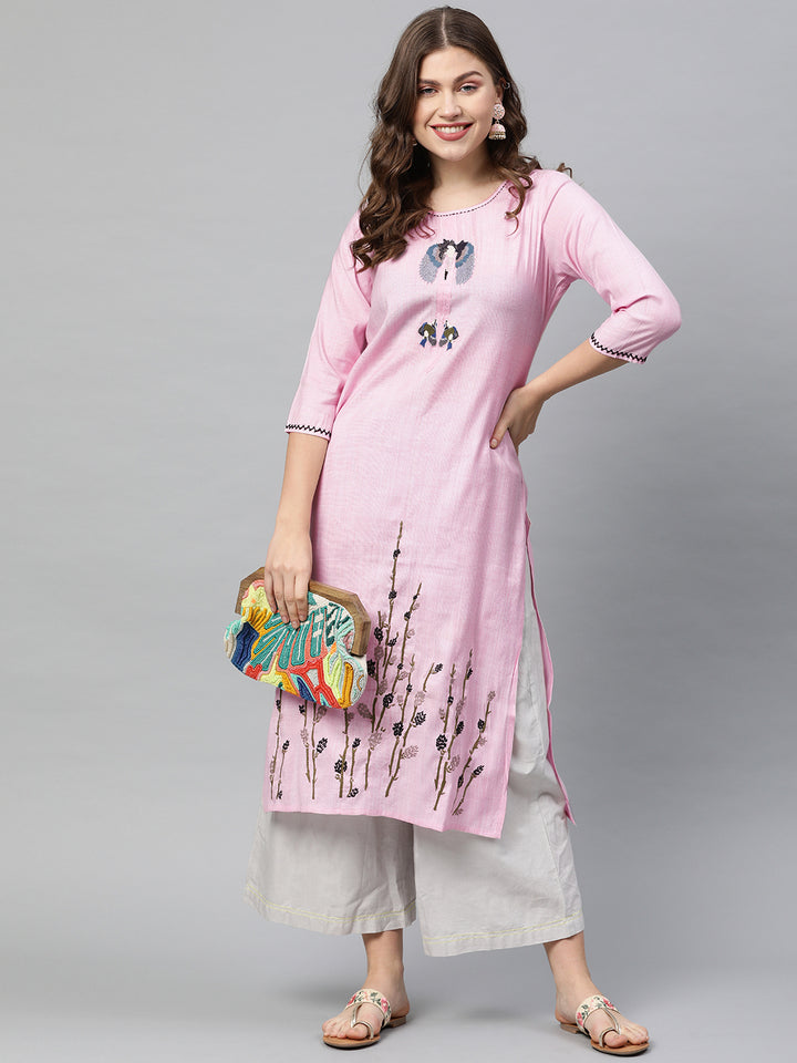 Neerus Women Pink Embroidered Straight Kurta