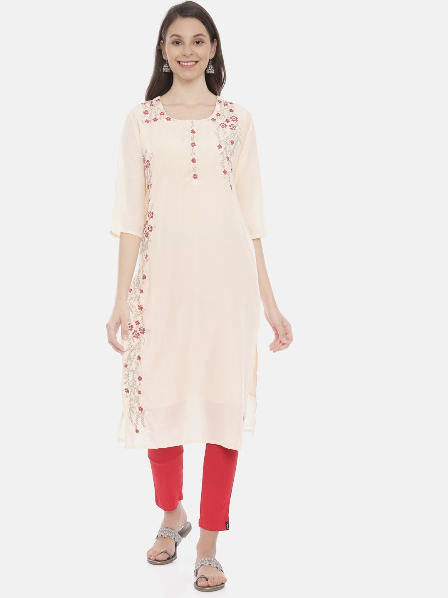 Neerus Peach Embroidered Straight Kurta