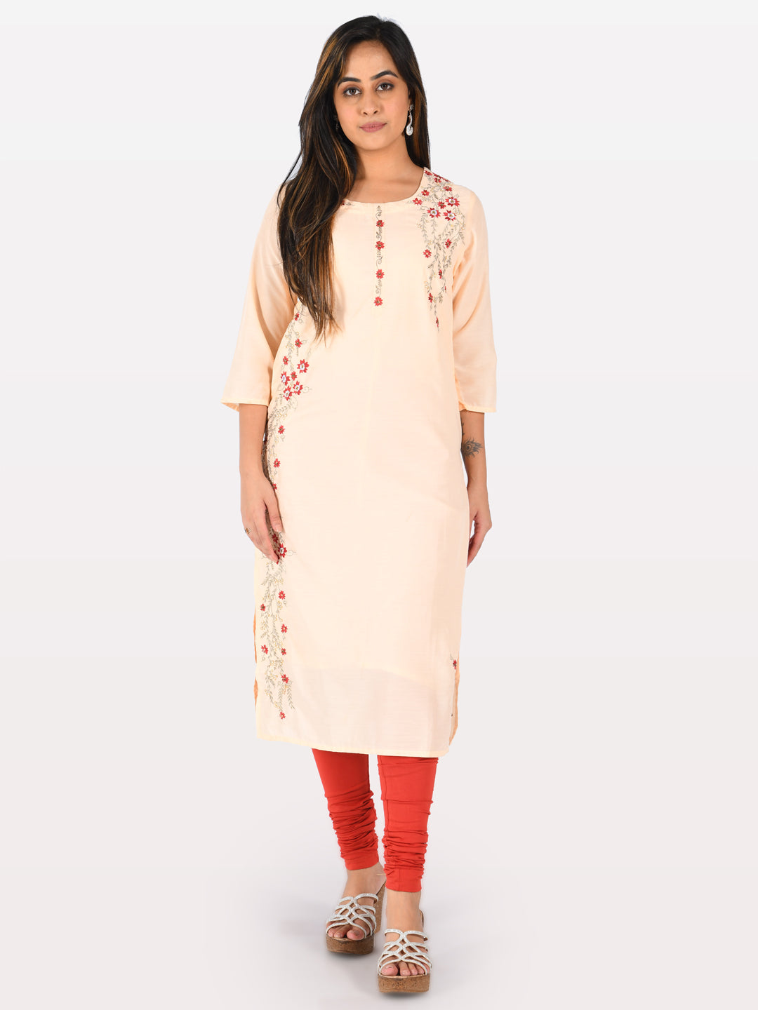 Neerus Peach Embroidered Straight Kurta