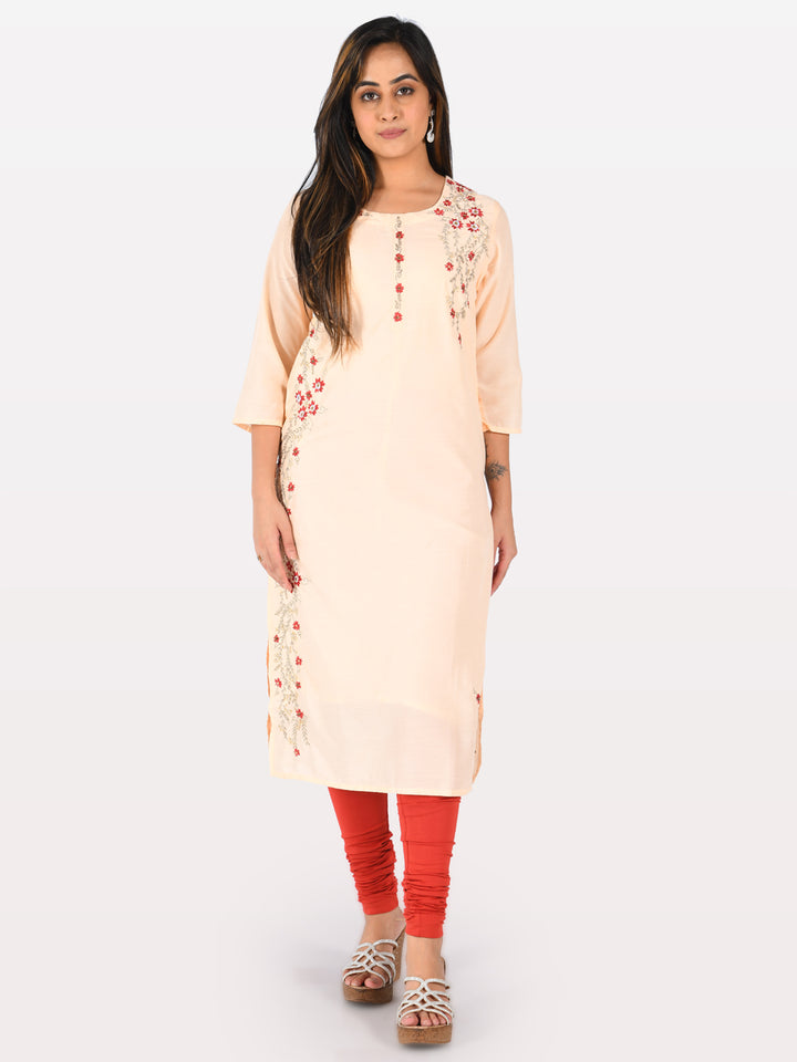 Neerus Peach Embroidered Straight Kurta