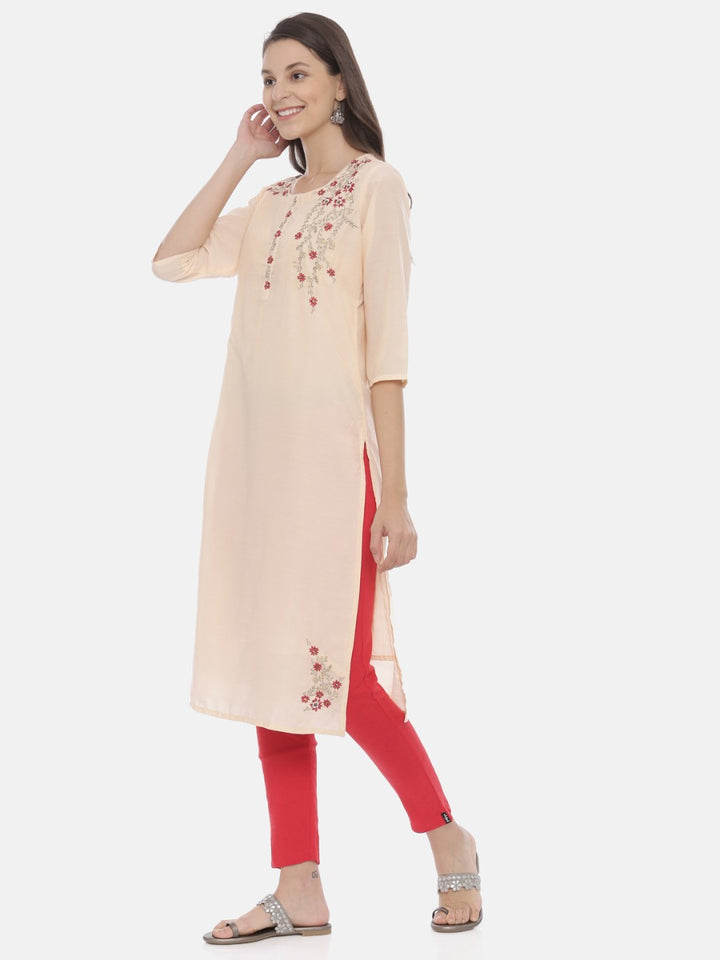 Neerus Peach Embroidered Straight Kurta