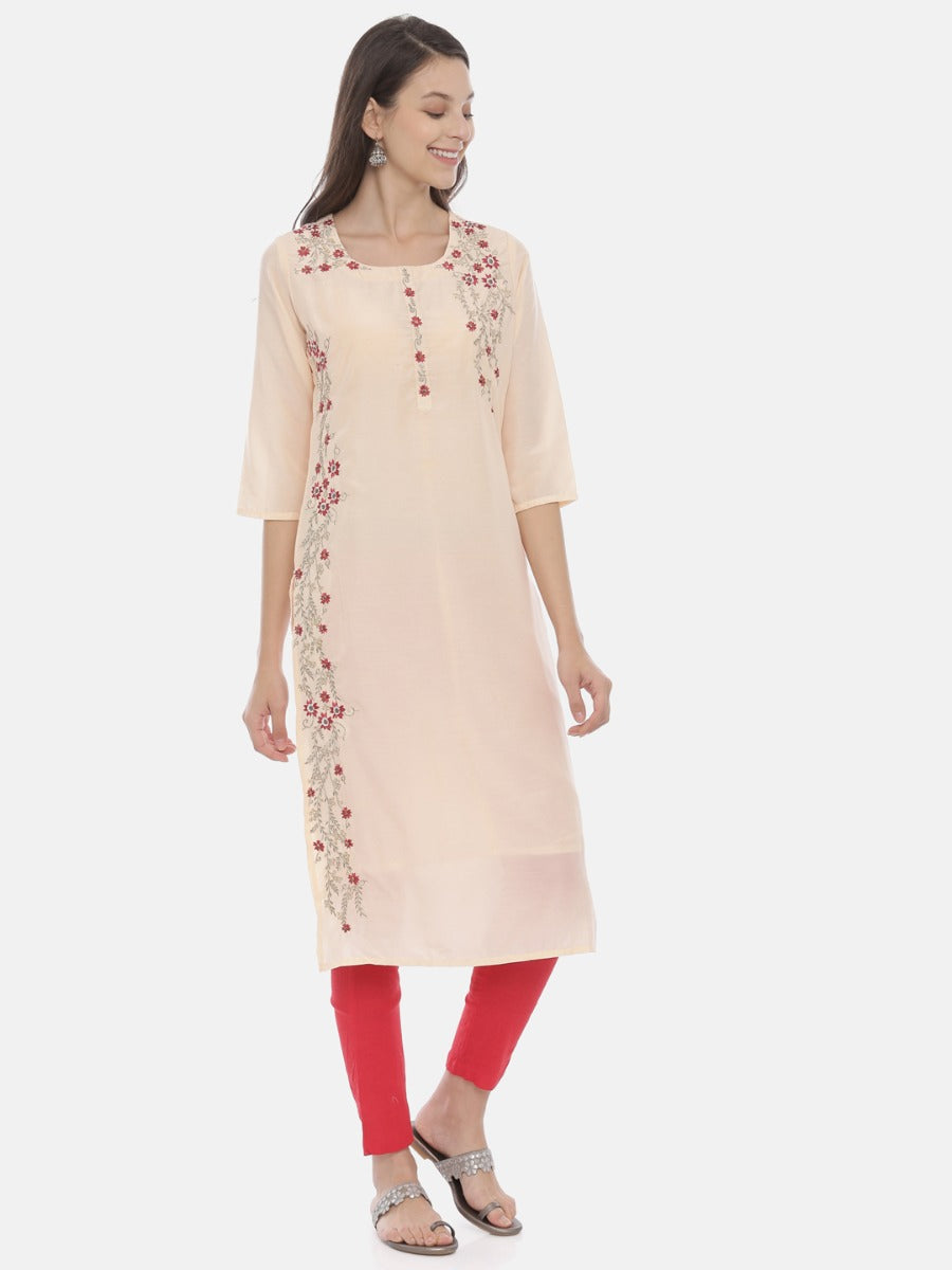 Neerus Peach Embroidered Straight Kurta