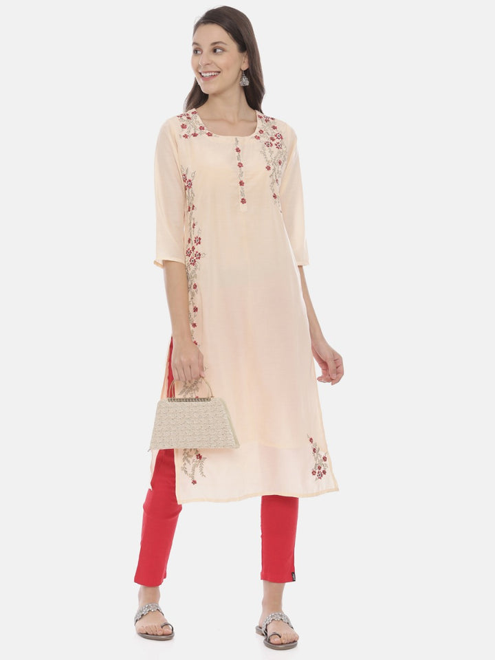 Neerus Peach Embroidered Straight Kurta