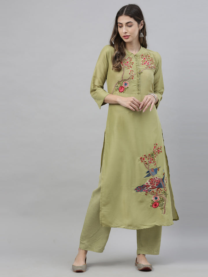 Neerus Green Embroidered Kurta & Palazzo Set