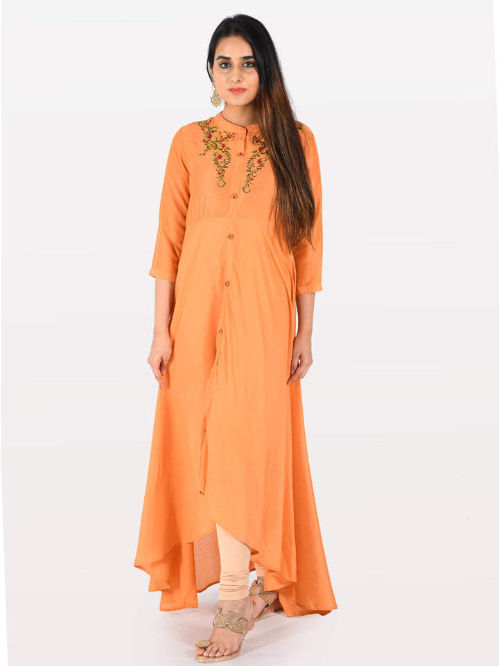 Neerus Peach Embroidered A Line Kurta