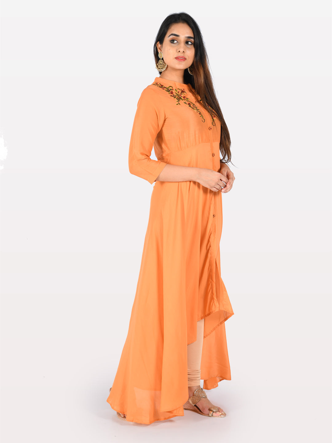 Neerus Peach Embroidered A Line Kurta