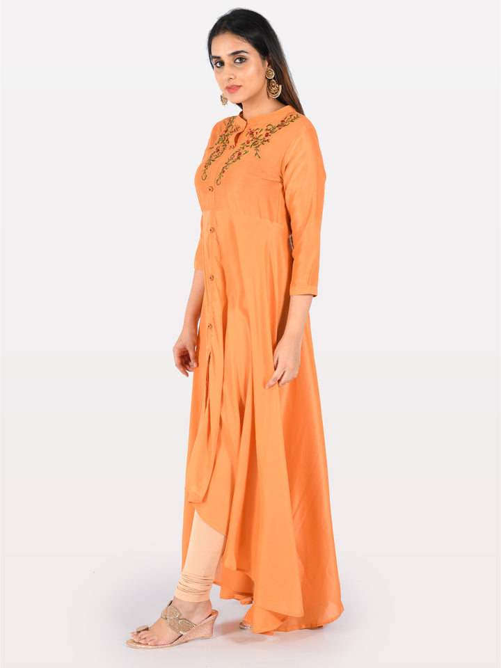 Neerus Peach Embroidered A Line Kurta