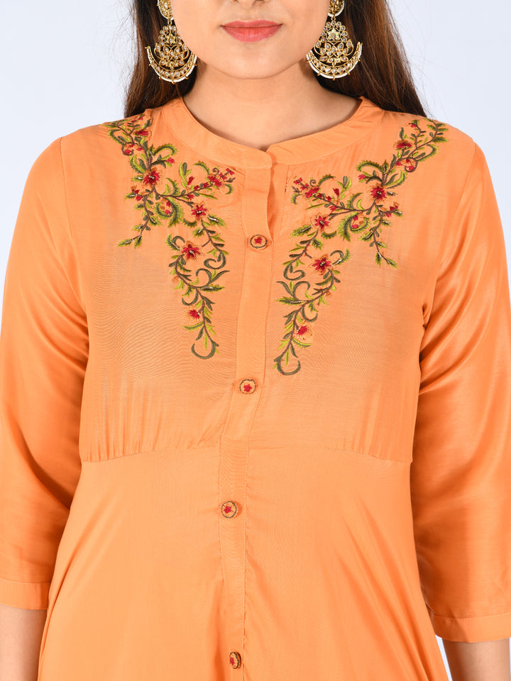 Neerus Peach Embroidered A Line Kurta