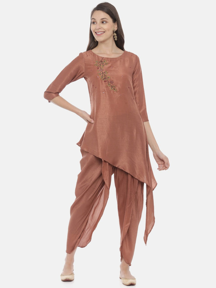 Neerus Brown Embroidered Kurta Dhoti Pant Set
