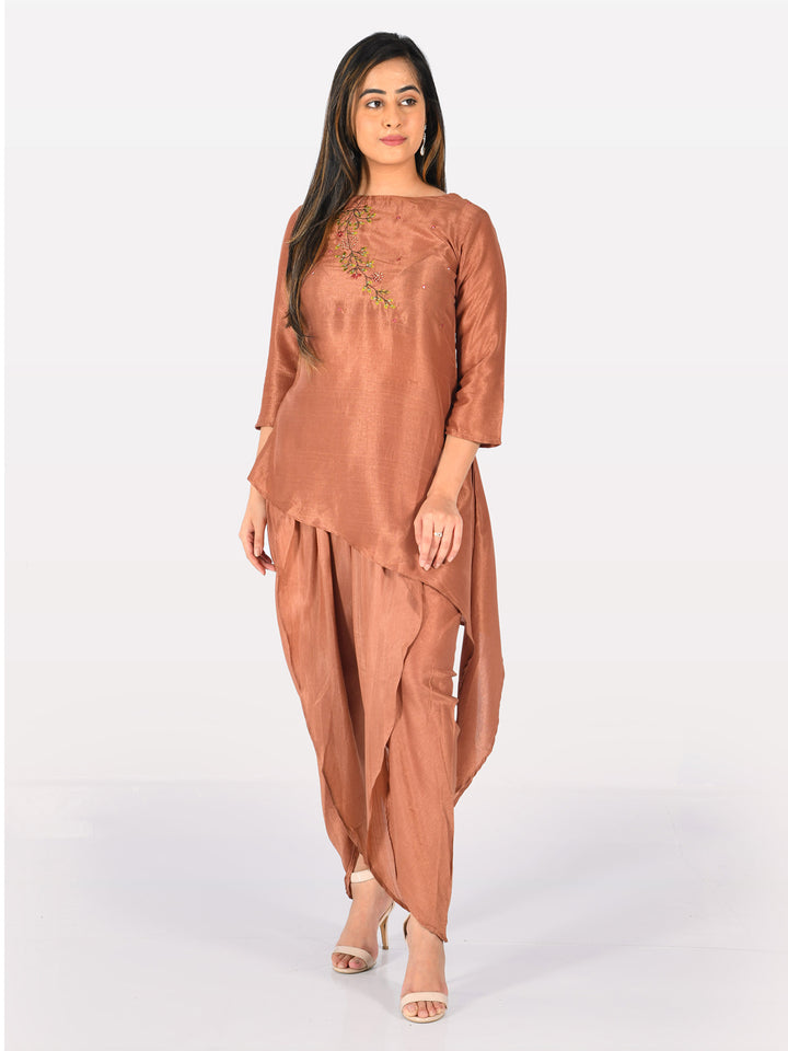 Neerus Brown Embroidered Kurta Dhoti Pant Set