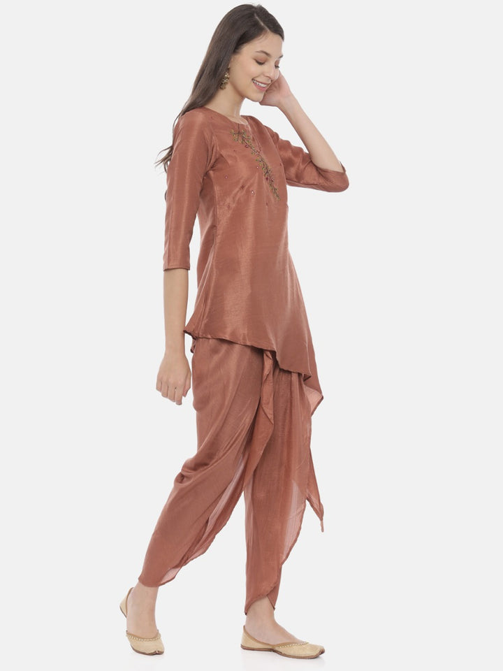 Neerus Brown Embroidered Kurta Dhoti Pant Set