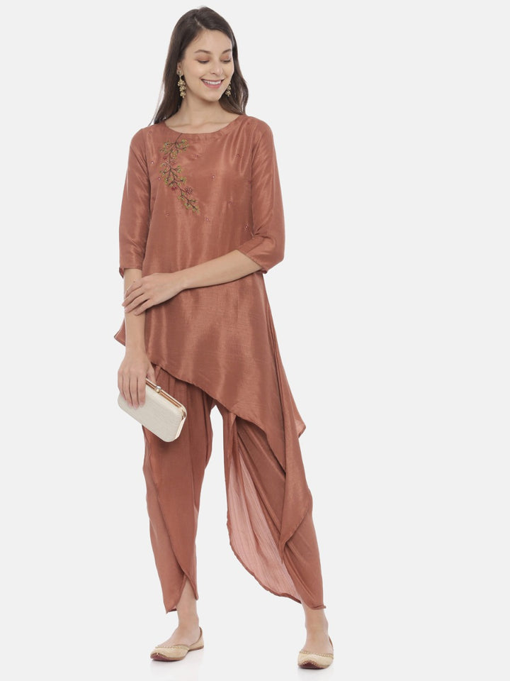 Neerus Brown Embroidered Kurta Dhoti Pant Set