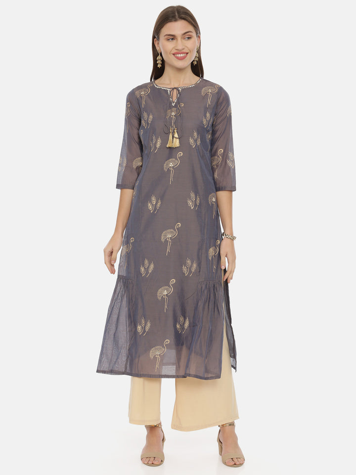 Neerus Grey Printed Straight Kurta