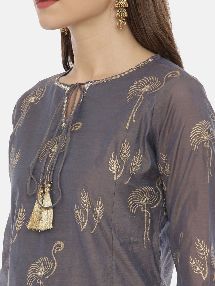 Neerus Grey Printed Straight Kurta