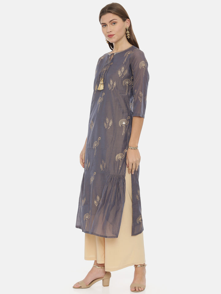 Neerus Grey Printed Straight Kurta
