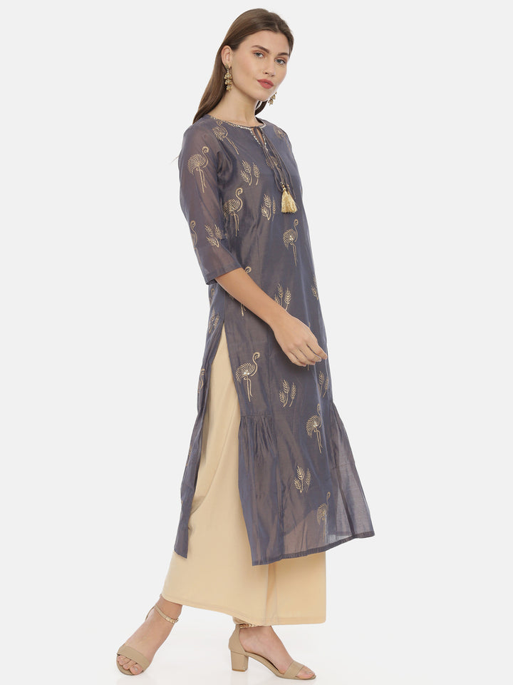 Neerus Grey Printed Straight Kurta