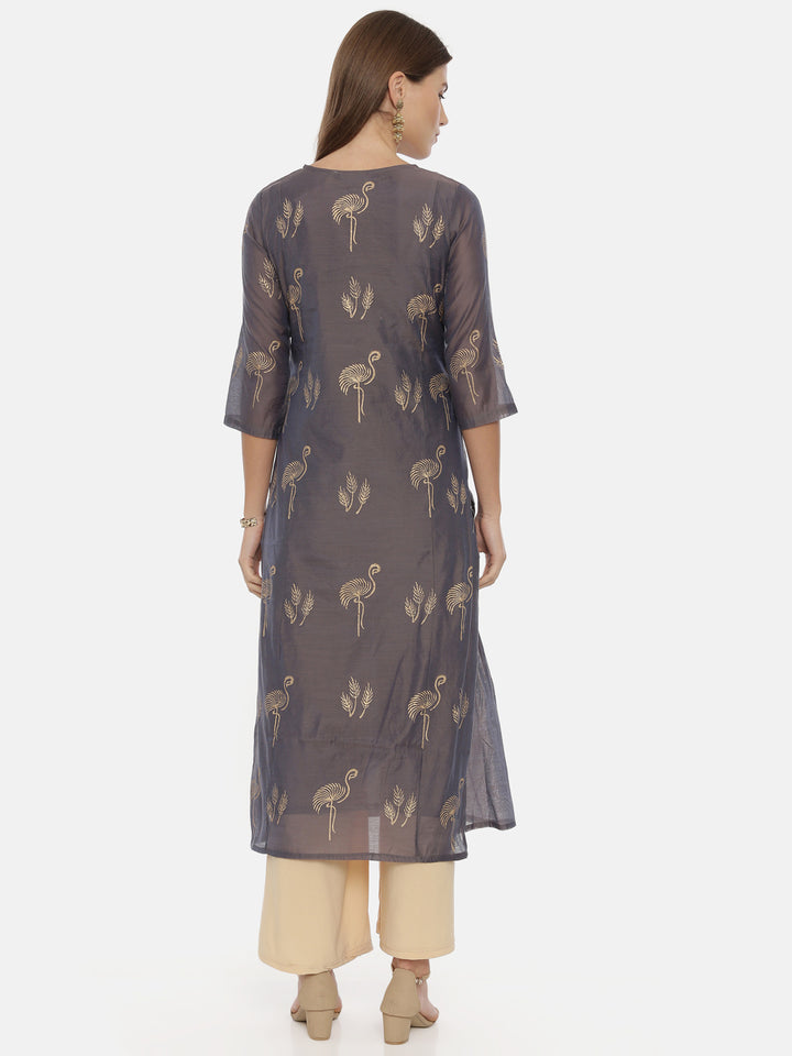 Neerus Grey Printed Straight Kurta