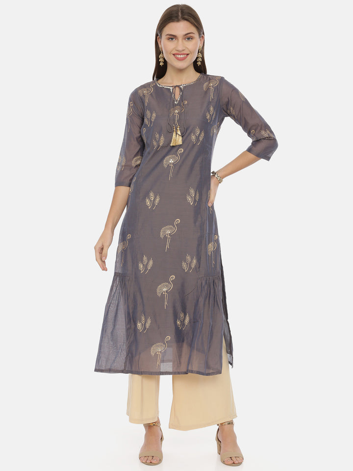 Neerus Grey Printed Straight Kurta