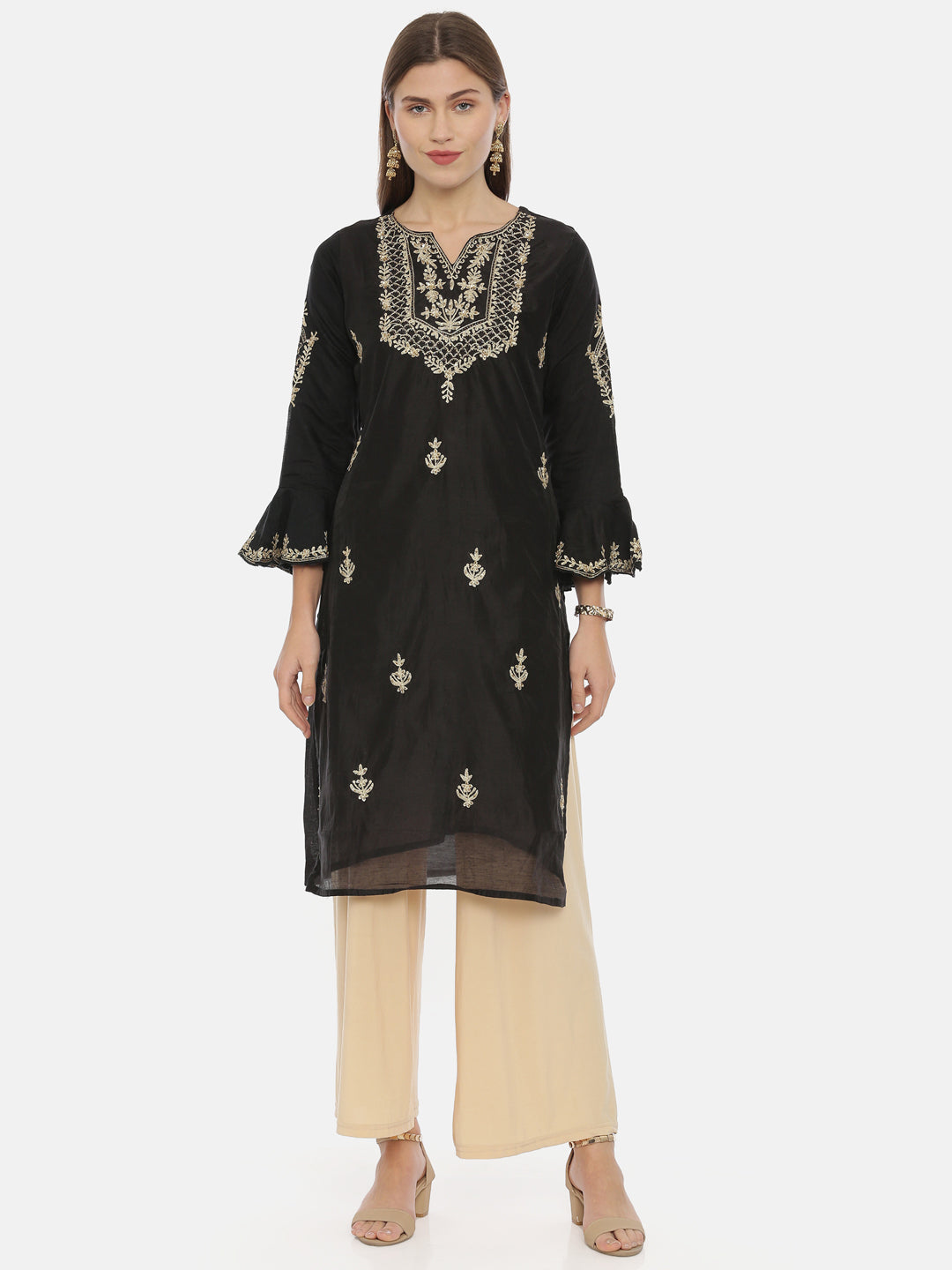 Neerus Black Embroidered Straight Kurta