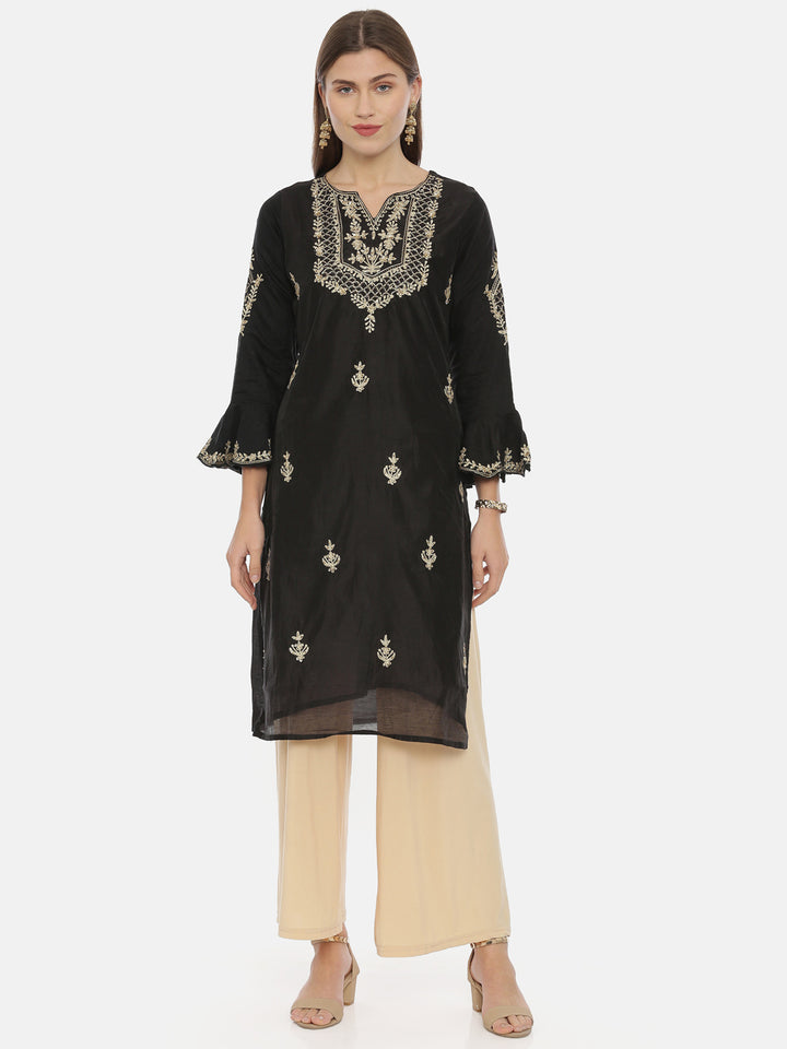 Neerus Black Embroidered Straight Kurta
