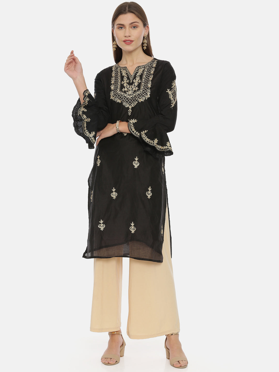 Neerus Black Embroidered Straight Kurta