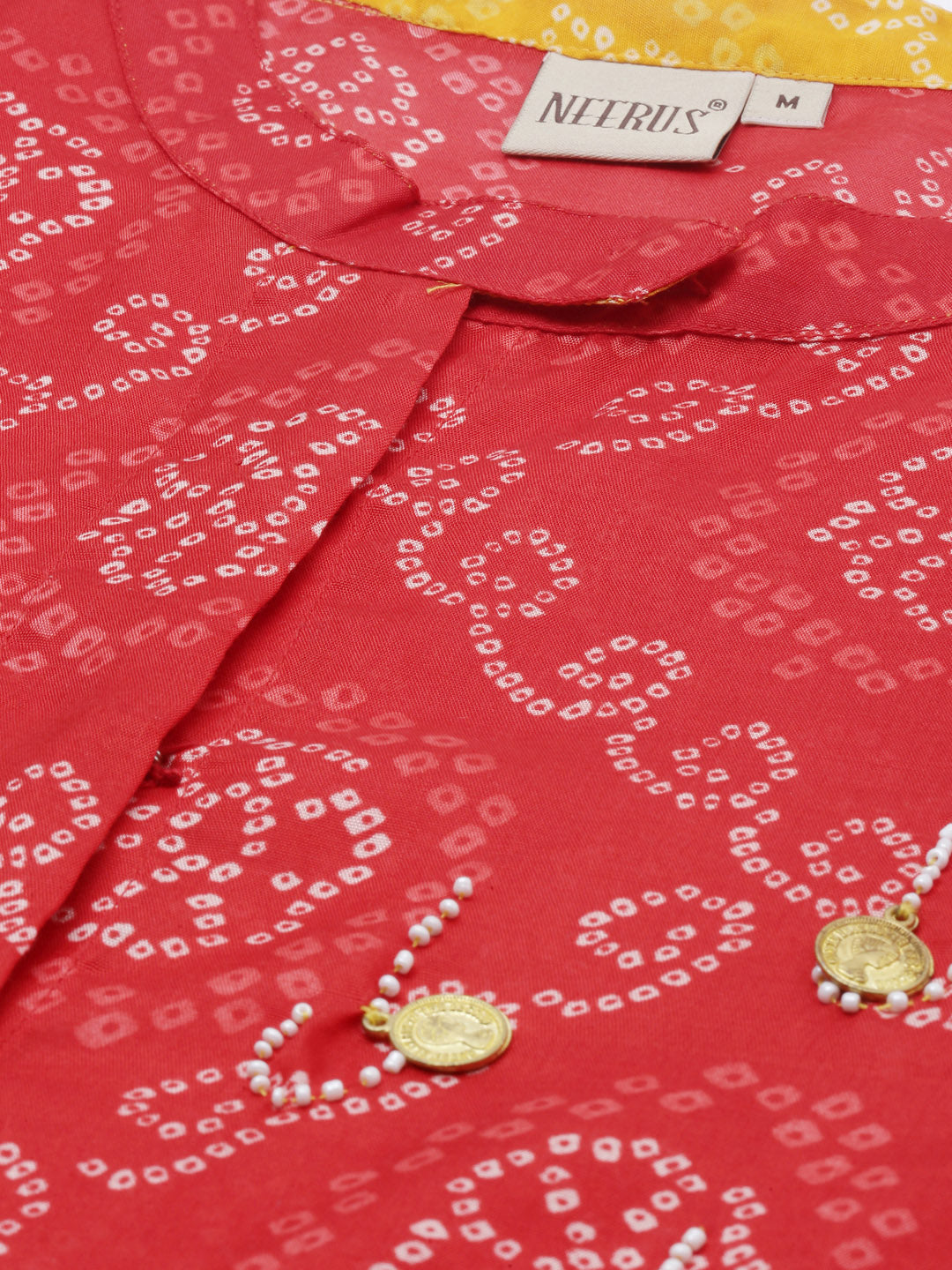 Neerus Red Bandhani Straight Kurta