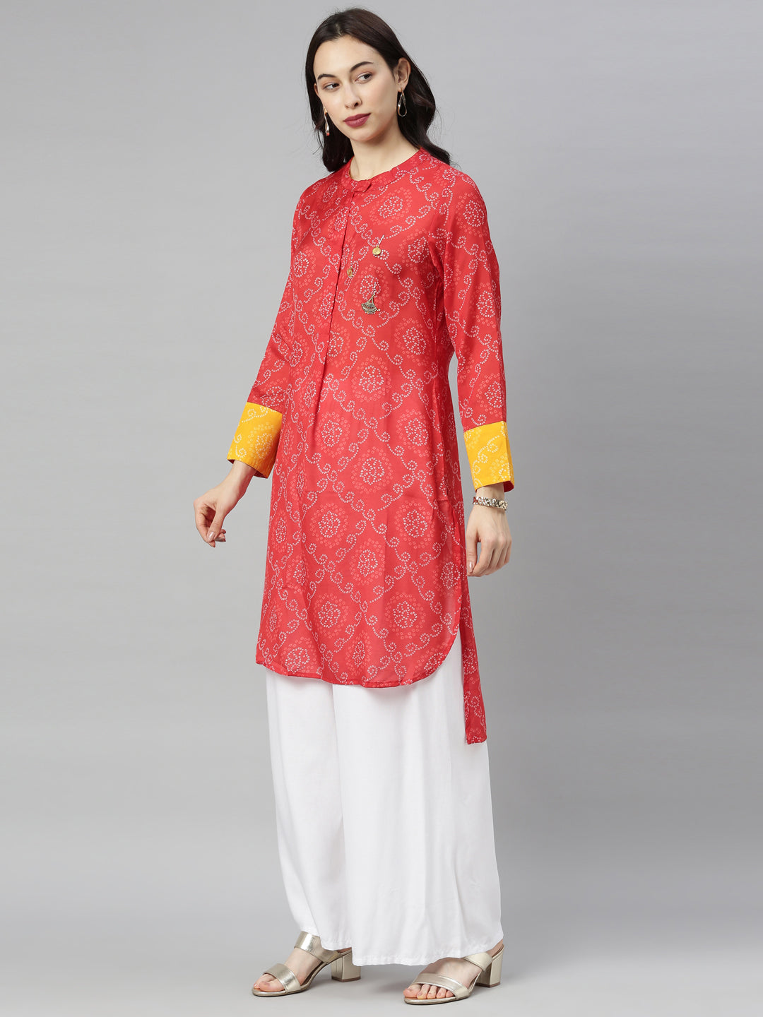 Neerus Red Bandhani Straight Kurta