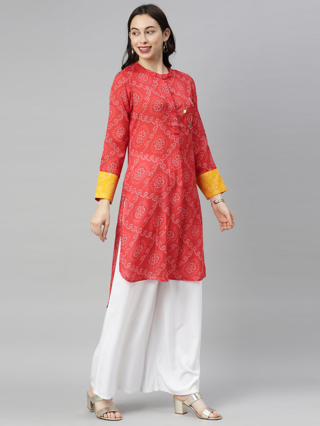 Neerus Red Bandhani Straight Kurta