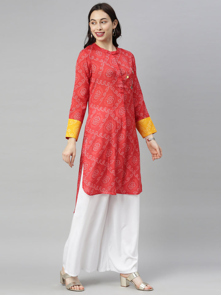 Neerus Red Bandhani Straight Kurta