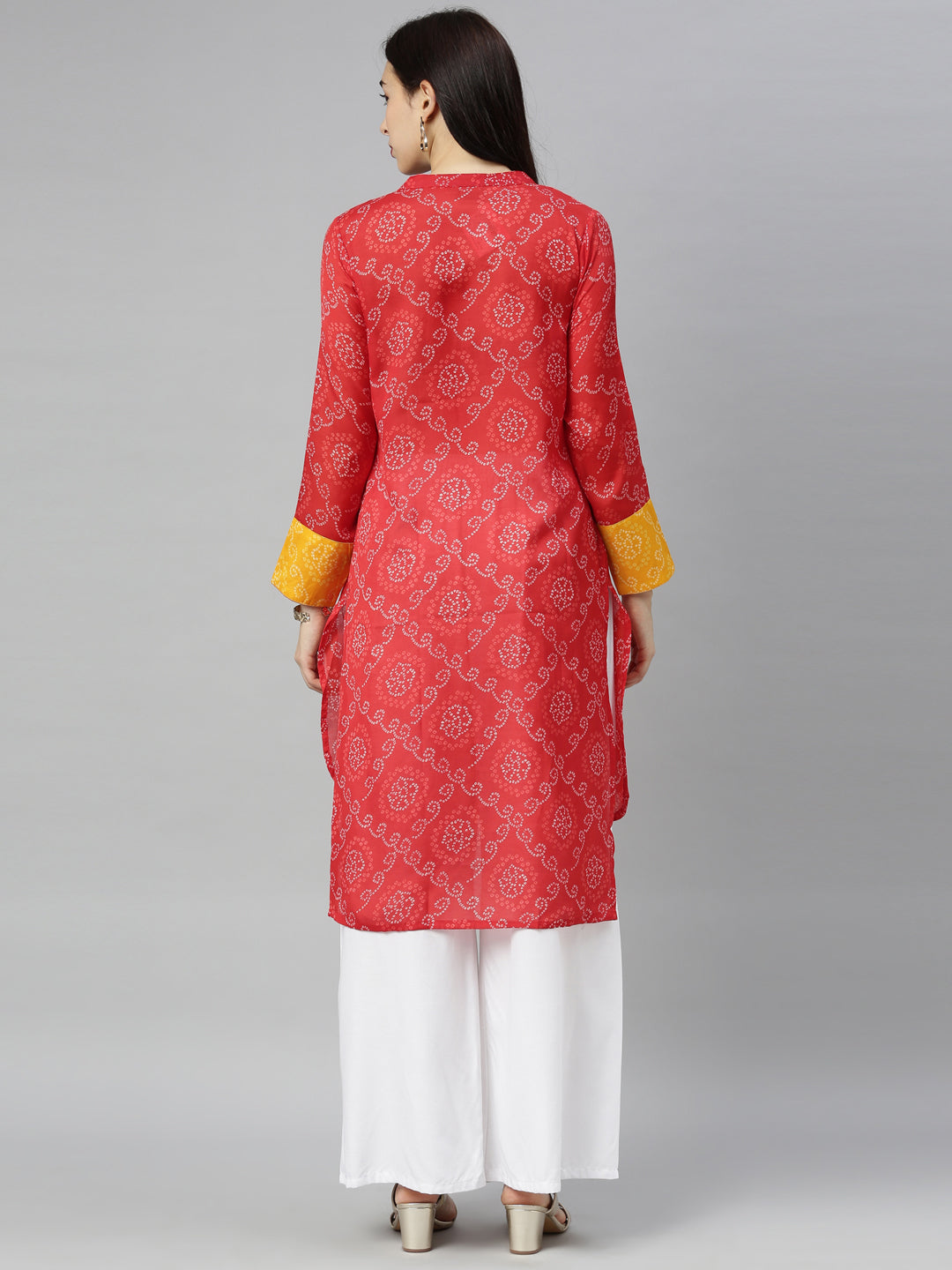 Neerus Red Bandhani Straight Kurta