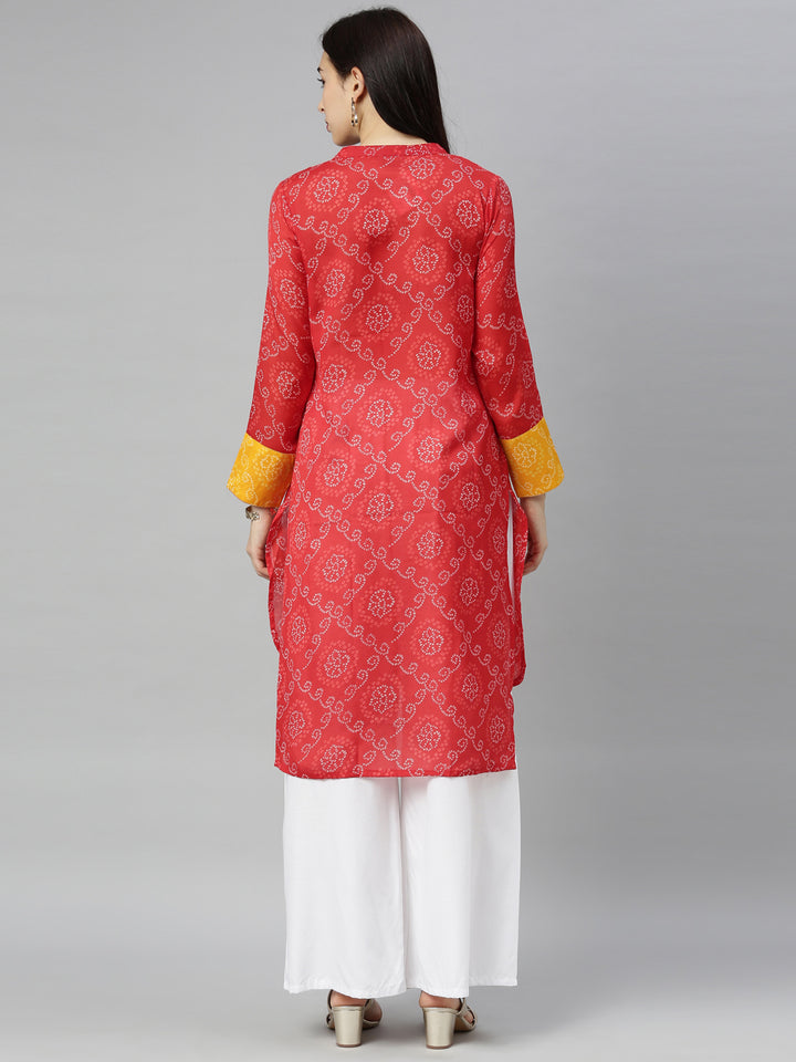 Neerus Red Bandhani Straight Kurta