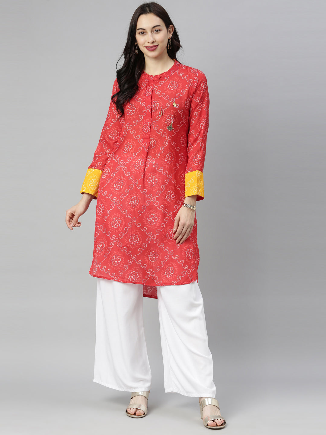 Neerus Red Bandhani Straight Kurta