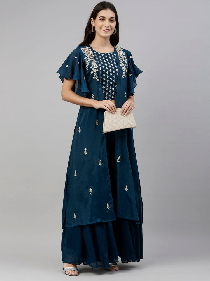 Neerus Peacock Color Georgette Fabric Suit-Fusion