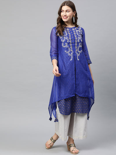 Neeru's Women Blue White Embroidered A-Line Layered Kurta