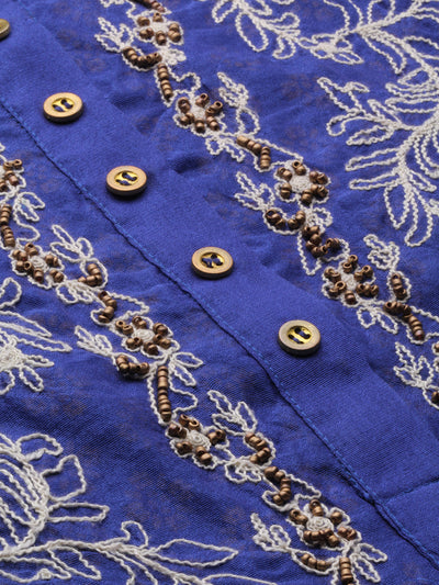 Neeru's Women Blue White Embroidered A-Line Layered Kurta