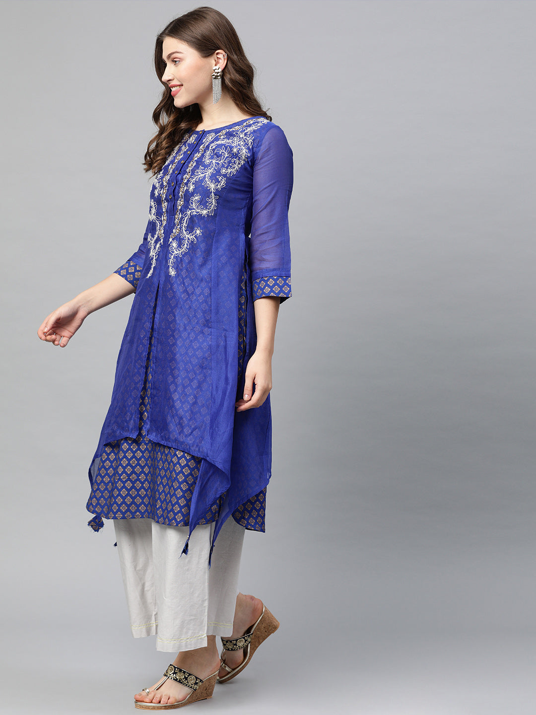Neeru's Women Blue White Embroidered A-Line Layered Kurta