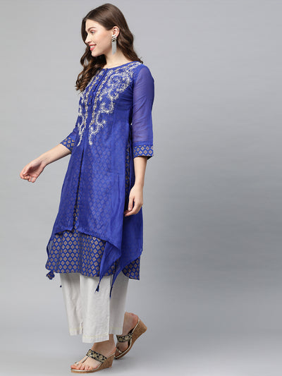 Neeru's Women Blue White Embroidered A-Line Layered Kurta