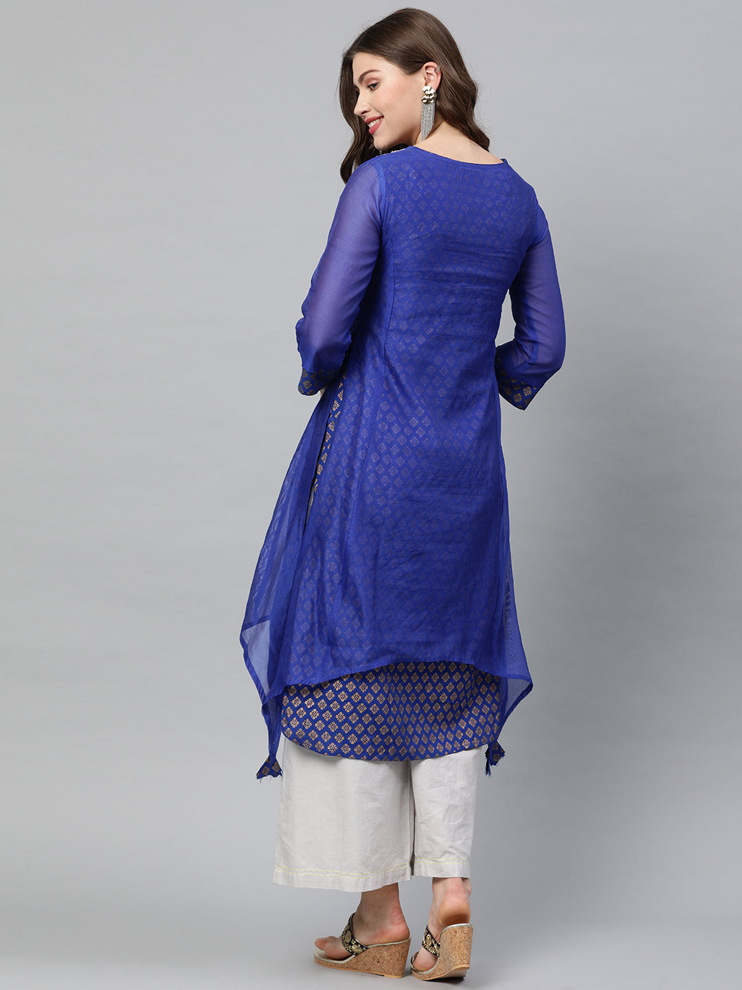 Neeru's Women Blue White Embroidered A-Line Layered Kurta