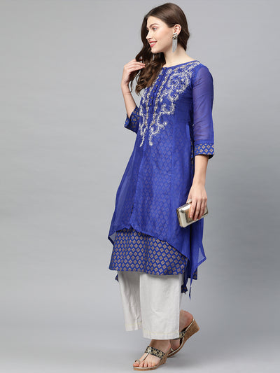 Neeru's Women Blue White Embroidered A-Line Layered Kurta