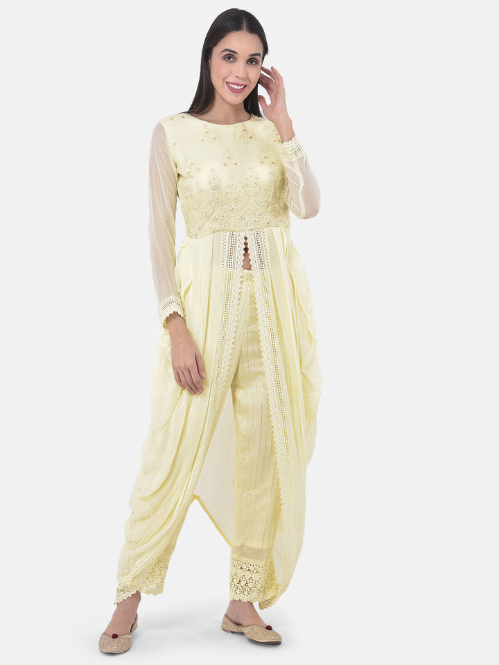 Neerus Yellow Embroidered Kurta Dhoti Pant Set