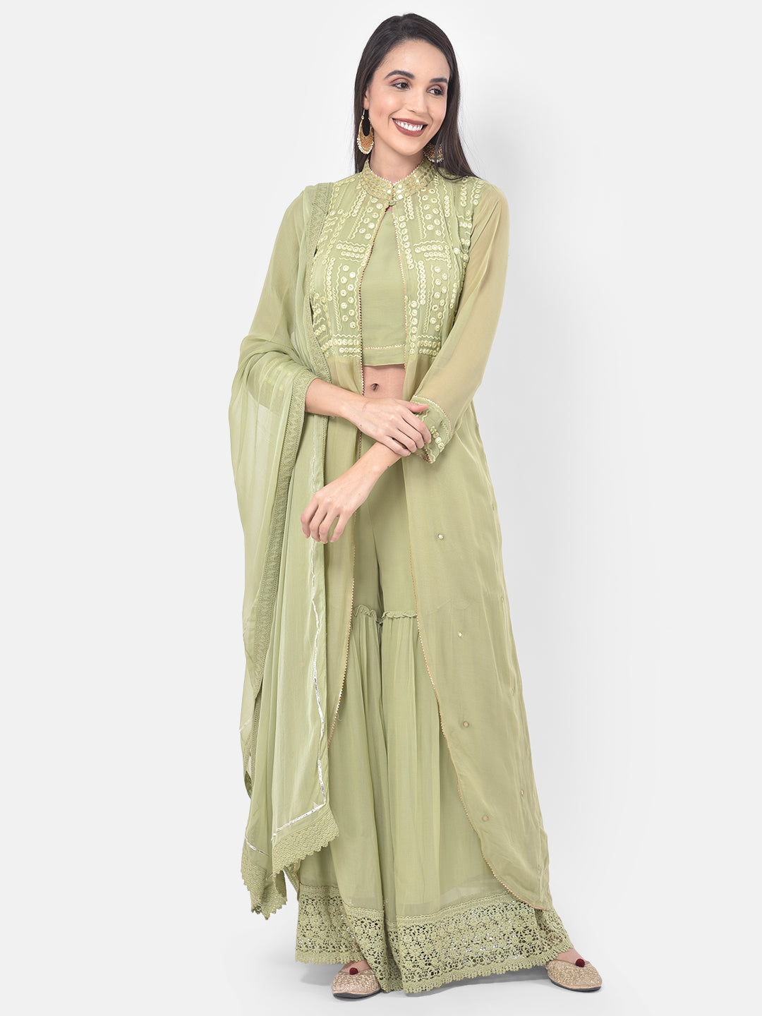 Neerus Green embroidered co-ord set with jacket and dupatta - detail view 5
