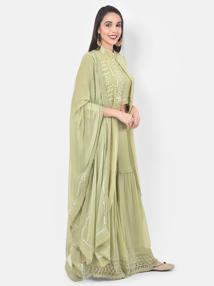Neerus Green embroidered co-ord set with jacket and dupatta - front view