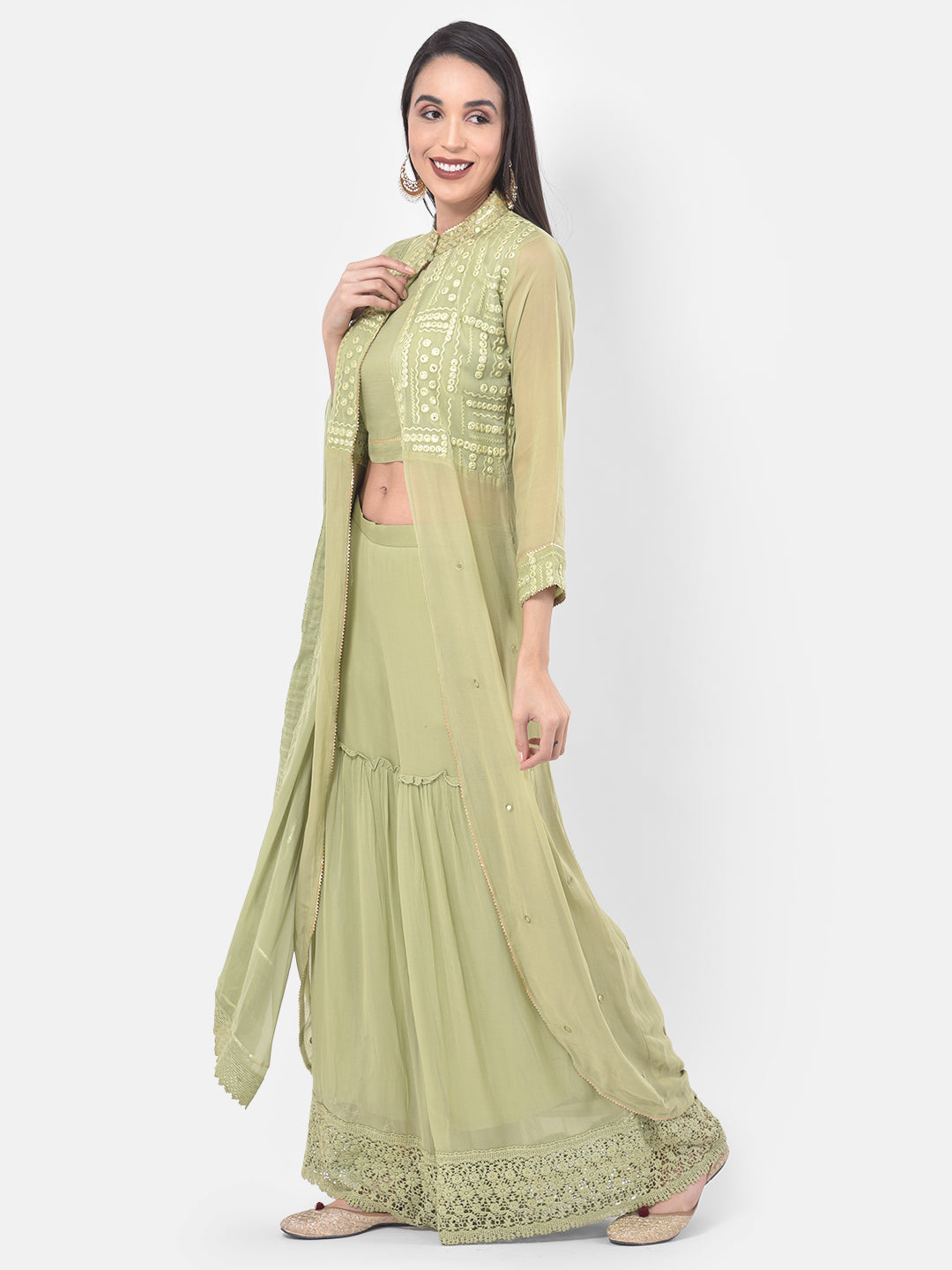 Neerus Green embroidered co-ord set with jacket and dupatta - back view