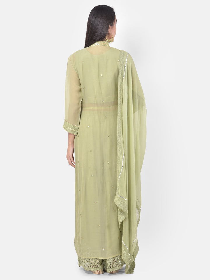Neerus Green embroidered co-ord set with jacket and dupatta - side view