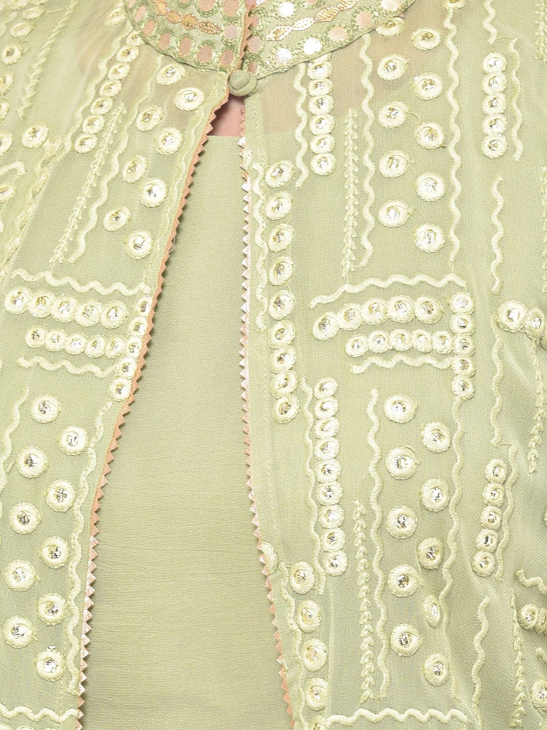 Neerus Green embroidered co-ord set with jacket and dupatta - detail view 1