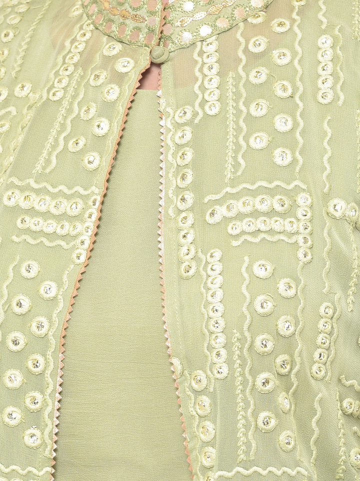 Neerus Green embroidered co-ord set with jacket and dupatta - detail view 1