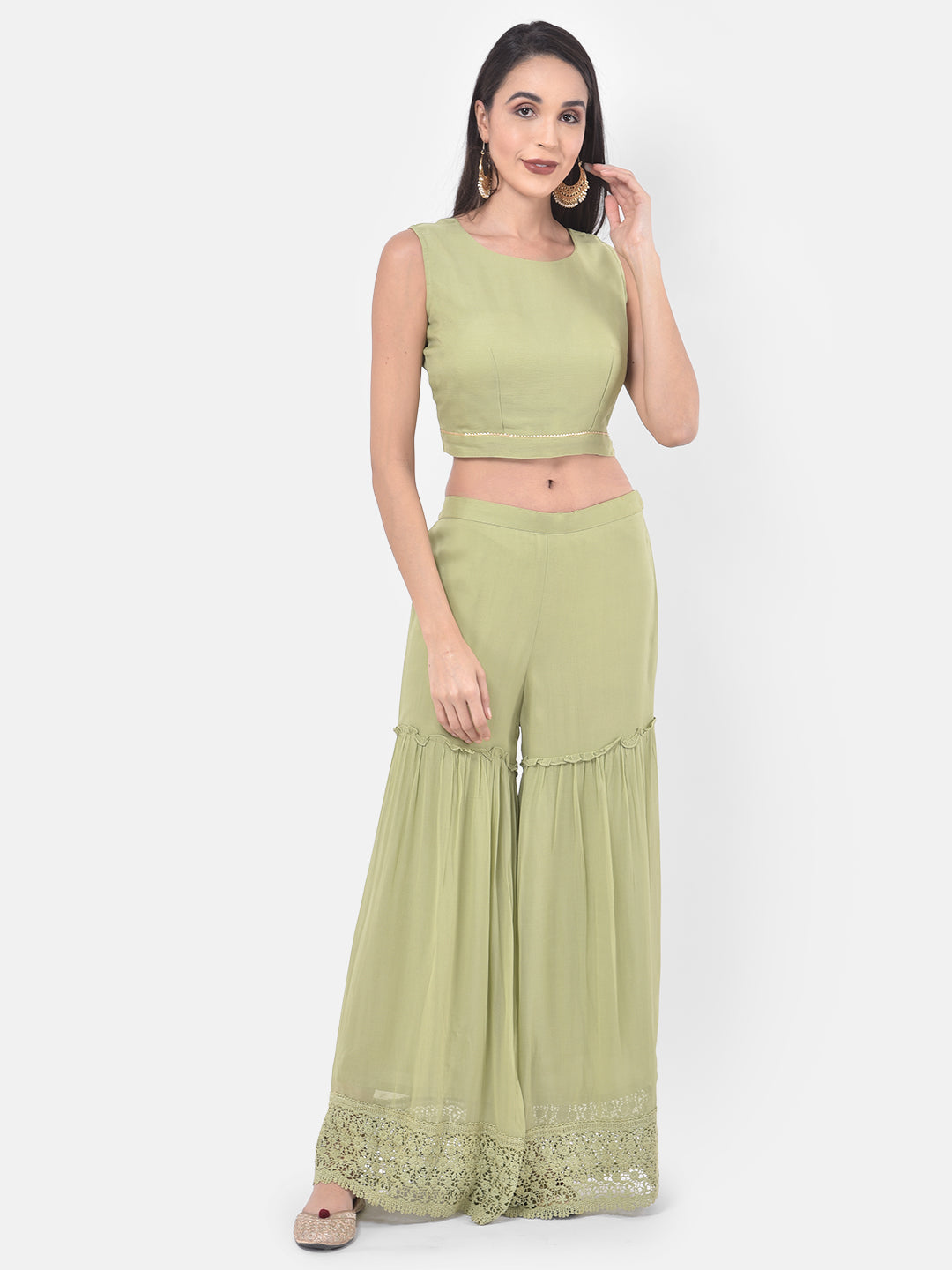 Neerus Green embroidered co-ord set with jacket and dupatta - detail view 4