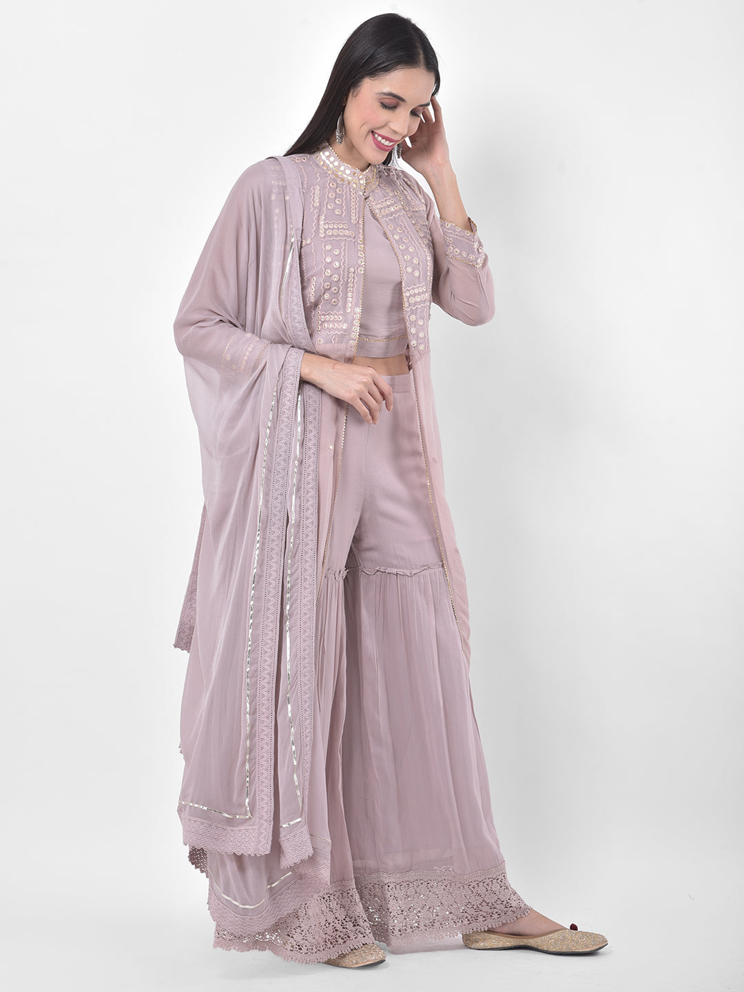 Neerus Purple embroidered sharara set with jacket - detail view 5