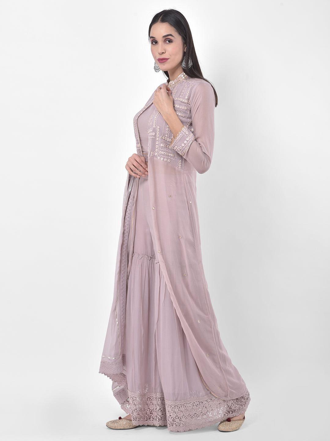 Neeru's Lilac Embroidered Top & Sharara Set With Jacket