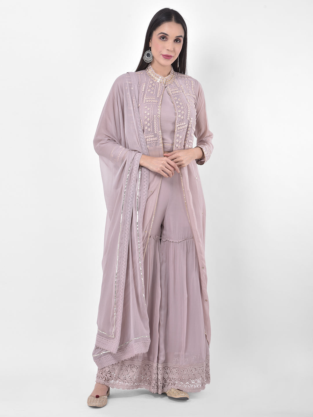 Neerus Purple embroidered sharara set with jacket - detail view 4
